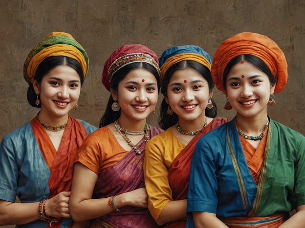 Auf dem Bild sieht man vier Frauen in bunten traditionellen Kleidern und Kopfbedeckungen. Jede der Frauen trägt unterschiedliche Farben, was die Vielfalt und den Reichtum traditioneller Kleidung widerspiegelt.In Bezug auf die kulturelle Vielfalt Nigerias zeigt dieses Bild, wie wichtig kulturelle Ausdrucksformen sind. Nigeria ist bekannt für seine zahlreichen ethnischen Gruppen, jede mit eigenen Traditionen, Sprachen und Kleidungsstilen. Ähnlich wie auf dem Bild, wo jede Frau einen einzigartigen Stil repräsentiert, bietet Nigeria eine bunte Palette von kulturellen Identitäten und Traditionen, die sich in Festen, Musik und Kunst widerspiegeln.Die Kleidung kann als Symbol für Identität und Gemeinschaft gesehen werden, was in beiden Kontexten – dem Bild und Nigerias Kultur – eine zentrale Rolle spielt.
