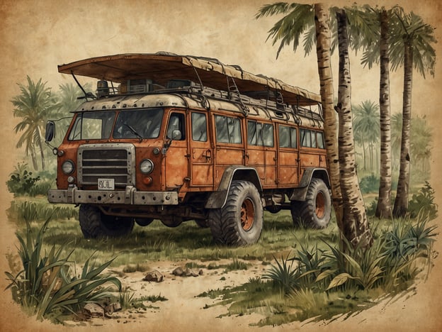 Auf dem Bild ist ein geländegängiger Bus zu sehen, der in einer tropischen Umgebung steht, umgeben von Palmen und üppiger Vegetation. Solche Fahrzeuge sind oft in Gebieten notwendig, in denen die Infrastruktur schwach ist, sei es für touristische Zwecke oder für den Transport von Gütern und Ressourcen.In Bezug auf die Wirtschaft könnte dieser Bus für den Transport von Touristen in naturschöne Regionen eingesetzt werden, was Einnahmen durch den Tourismus generiert. Zudem kann er für den Transport von landwirtschaftlichen oder natürlichen Ressourcen in abgelegenen Gebieten dienen, was wiederum zur wirtschaftlichen Entwicklung dieser Regionen beiträgt. Die Nutzung solcher Fahrzeuge ist wichtig, um Zugang zu wertvollen natürlichen Ressourcen, wie Holz oder landwirtschaftliche Erzeugnisse, zu ermöglichen und die lokale Wirtschaft zu stärken.