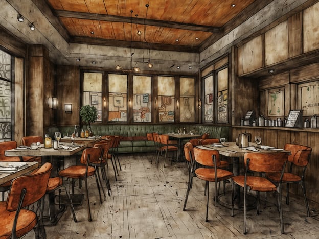 Auf dem Bild ist ein modernes Restaurant zu sehen, das ein ansprechendes und gleichzeitig gemütliches Ambiente bietet. Die Kombination aus Holz- und Beton-Elementen verleiht dem Raum einen industriellen Touch, während die eleganten Einrichtungselemente eine moderne Note einbringen. Die Tische sind mit schönem Geschirr gedeckt und die Stühle in Orange sorgen für einen warmen Farbkontrast. Große Fenster lassen viel Licht herein, was die Atmosphäre hell und einladend macht.Hier trifft Tradition auf Moderne, indem stilvolle Design-Elemente mit einem gemütlichen Restaurantflair verbunden werden, ideal für ein gastronomisches Erlebnis, das sowohl klassisch als auch zeitgemäß ist.