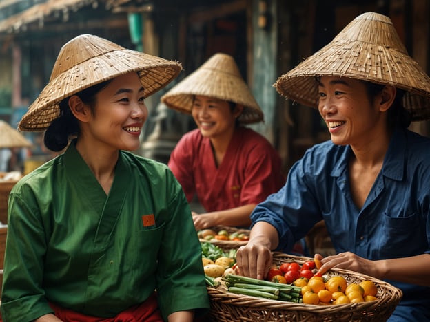 Auf dem Bild sind drei Frauen zu sehen, die in einem traditionellen Marktsetting zusammenarbeiten. Sie tragen typische, breitkrempige Hüte, die oft in asiatischen Kulturen verwendet werden, um sich vor Sonne und Regen zu schützen. Ihre Kleidungsstücke sind farbenfroh und reflektieren lokale Traditionen.Die Frauen interagieren freundlich und scheinen Gemüse und Früchte zu verkaufen oder auszutauschen, was auf die Bedeutung von Gemeinschaft und Zusammenarbeit in vielen Kulturen hinweist. Solche Märkte sind oft Orte, an denen kulturelle Vielfalt lebendig wird, da verschiedene Lebensmittel und Traditionen aus den jeweiligen Regionen zusammenkommen.Die Szene vermittelt ein Gefühl von Lebendigkeit und Zusammengehörigkeit, das in vielen traditionellen Gemeinschaften zu finden ist, wo der Handel und das Teilen von Nahrungsmitteln nicht nur eine wirtschaftliche, sondern auch eine soziale Funktion haben.