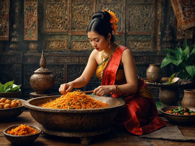 Das Bild zeigt eine Frau, die in traditioneller thailändischer Kleidung, wahrscheinlich einem Sarong, in einer kulturell inspirierenden Umgebung arbeitet. Sie ist mit Schmuck und einem Blumenschmuck im Haar geschmückt, was in der thailändischen Kultur häufig zu besonderen Anlässen getragen wird.Vor ihr befinden sich große Schalen mit zubereiteten Speisen, möglicherweise thailändischen Nudelgerichten. Die Umgebung mit kunstvoll verzierten Wänden und Terrakottagefäßen deutet auf ein historisches oder traditionelles Setting hin, das die thailändische Kochkunst und Gastfreundschaft widerspiegelt. Die Szenerie strahlt eine Verbindung zur thailändischen Tradition und Kulinarik aus.