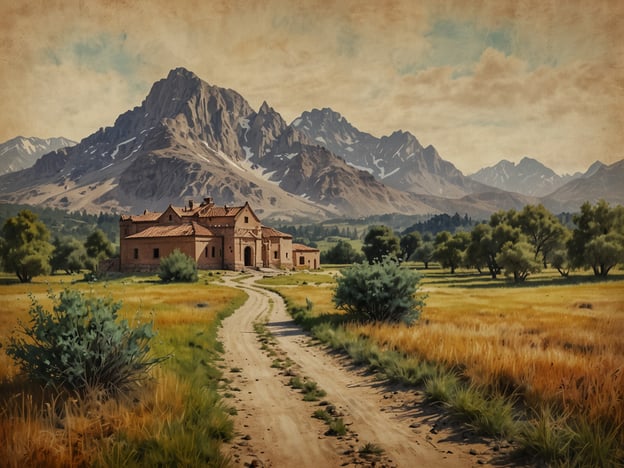 Warum Myanmar ein verborgenes Paradies ist:Das Bild zeigt eine malerische Landschaft mit einem ländlichen Anwesen, umgeben von sanften Hügeln und majestätischen Bergen. Der Weg führt durch ein Feld mit hohem Gras und Sträuchern, und die Architektur des Gebäudes deutet auf eine harmonische Verbindung zur Natur hin. Diese Szenerie erinnert an die versteckten Schönheiten der Natur, die man in Myanmar entdecken kann, wo atemberaubende Landschaften und kulturelle Schätze auf Besucher warten. In Myanmar gibt es zahlreiche unentdeckte Orte, die das Herz eines jeden Naturliebhabers höher schlagen lassen.