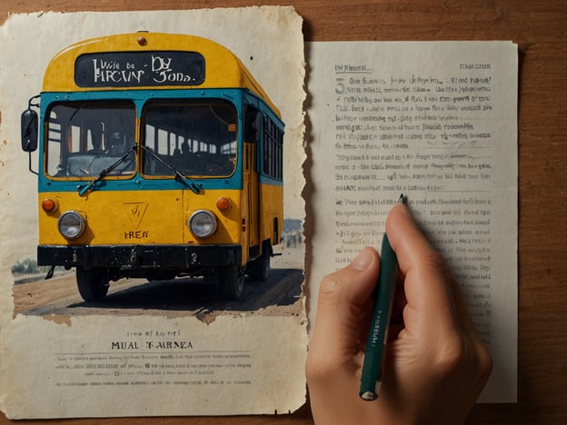 Auf dem Bild ist ein gelber Bus zu sehen, der nostalgisch aussieht und auf einem Papierhintergrund steht, der wie ein altes Dokument aussieht. Der Bus hat eine besondere Beschriftung mit einem handgeschriebenen Text, der an eine Reise oder ein Abenteuer erinnert.### Praktische Tipps für Reisende:1. **Transportmöglichkeiten**: Überlege dir, den öffentlichen Verkehr zu nutzen, besonders Busse oder lokale Transportmittel, um authentische Erfahrungen zu sammeln und die Kultur besser kennenzulernen.2. **Dokumentation**: Halte deine Erlebnisse fest. Notiere wichtige Informationen, Adressen oder Tipps lokal ansässiger Personen – das kann äußerst hilfreich sein.3. **Sprache**: Wenn möglich, lerne ein paar grundlegende Sätze in der Landessprache. Dies kann dir helfen, besser mit Einheimischen zu kommunizieren und dir den Aufenthalt zu erleichtern.4. **Kulturelle Sensibilität**: Informiere dich über lokale Traditionen und Bräuche, um Respekt zu zeigten und Missverständnisse zu vermeiden.5. **Planung von Reisen**: Plane deine Routen im Voraus, um Zeit zu sparen, aber sei auch flexibel genug, um spontan neue Ziele zu entdecken.Viel Spaß beim Reisen!