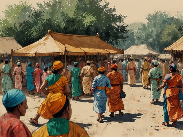 Auf dem Bild sind Menschen zu sehen, die sich in einer lebhaften Marktszene oder bei einem traditionellen Fest bewegen. Die bunten Gewänder deuten darauf hin, dass es sich um eine kulturelle Versammlung handelt, möglicherweise ein Fest oder ein Markt, wo Handwerk, Nahrungsmittel und Bräuche gefeiert werden.Solche Veranstaltungen sind oft geprägt von Musik, Tänzen und kulinarischen Köstlichkeiten, die die Gemeinschaft zusammenbringen. Die Zelte könnten Stände sein, an denen lokale Produkte verkauft oder handwerkliche Kunstwerke präsentiert werden. Diese Art von Versammlungen spielt eine wichtige Rolle in vielen Kulturen, da sie den Austausch von Traditionen und die Stärkung des Gemeinschaftsgefühls fördern.