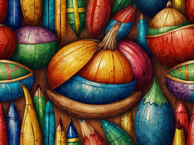 Auf dem Bild sind farbenfrohe, stilisierte Objekte zu sehen, die an traditionelle malaysische Kunst und Handwerkskunst erinnern. Die runden und ovatischen Formen könnten Deckel von Töpfen oder dekorative Elemente darstellen, die oft in der malaysischen Kultur verwendet werden, insbesondere in Festen und Zeremonien.Die kräftigen Farben sind typisch für malaysische Textilien und Lackarbeiten, die eine bedeutende Rolle in der Kultur spielen. Die Verwendung von Naturmaterialien und handwerklichen Techniken ist ebenfalls wichtig, was auf die Tradition des Batik oder des Webens hinweisen könnte, das oft in der malaysischen Kunst zu finden ist.Die Farbpalette könnte auch symbolische Bedeutungen haben, da verschiedene Farben in Malaysia oft mit bestimmten Traditionen oder Festen assoziiert sind. Insgesamt vermittelt das Bild den Eindruck von lebendiger Kultur und Kunstfertigkeit, die in Malaysia tief verwurzelt sind.