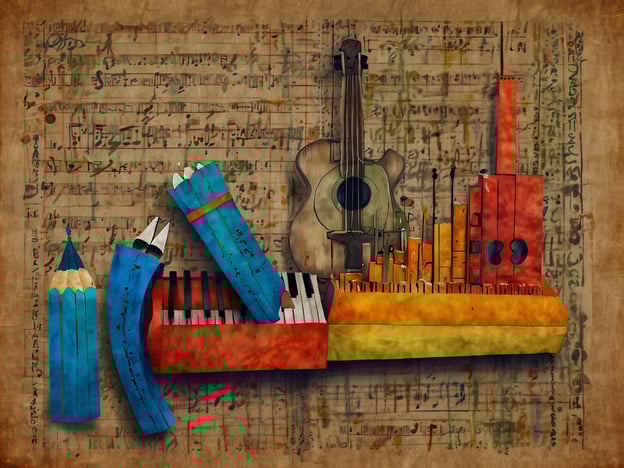 Auf dem Bild ist eine kreative Komposition zu sehen, die Elemente der Musik und des künstlerischen Schaffens miteinander verbindet. Im Vordergrund befinden sich verschiedene Musikinstrumente und künstlerische Utensilien, wie ein Geigenbogen, eine Gitarre und ein Keyboard, die in lebhaften Farben dargestellt sind. Diese modernen Elemente stehen im Kontrast zu dem sepiafarbenen Notenblatt im Hintergrund, das eine traditionelle musikalische Grundlage repräsentiert.Die Synthese von Moderne und Tradition wird hier deutlich, indem die zeitgenössische Darstellung der Instrumente und Werkzeuge mit dem klassischen Notenblatt kombiniert wird. Diese Fusion symbolisiert die kontinuierliche Entwicklung der Musik und Kunst, in der traditionelle Einflüsse in neue, kreative Ausdrucksformen integriert werden. So entsteht ein harmonisches Bild, das sowohl die Wurzeln als auch die Innovation feiert.