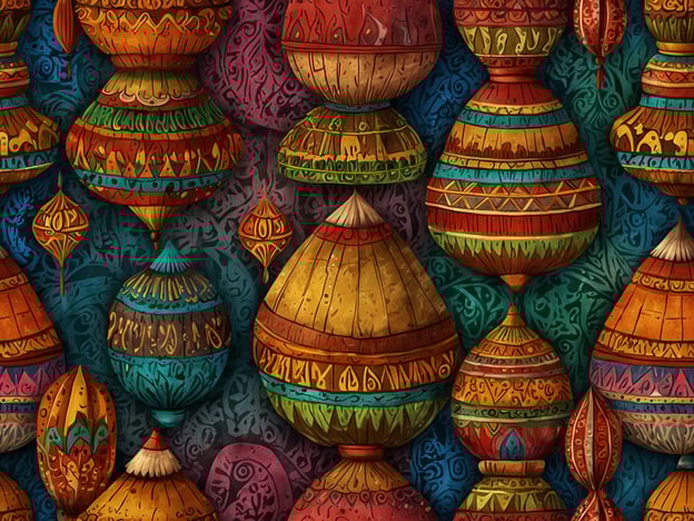 Auf dem Bild sind kunstvoll gestaltete, farbenfrohe Objekte zu sehen, die an traditionelle indonesische Handwerkskunst erinnern. Diese Art von Dekoration könnte z.B. von den verschiedenen kulturellen Einflüssen in Indonesien inspiriert sein, wo jede Region ihre eigenen einzigartigen Muster und Designs entwickelt hat.Die Vielzahl an Formen und Farben spiegelt die kulturelle Vielfalt des Landes wider, das über 17.000 Inseln umfasst und eine Vielzahl an ethnischen Gruppen und Traditionen beheimatet. Diese Objekte könnten Teil von festlichen Anlässen oder Zeremonien sein, die in der indonesischen Kultur eine wichtige Rolle spielen. Solche handgefertigten Kunstwerke sind oft nicht nur dekorativ, sondern auch symbolisch und tragen Geschichten aus der jeweiligen Region in sich.