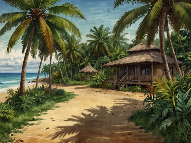 Die Philippinen sind ein wunderschönes Archipel im Südostasien, bekannt für ihre traumhaften Strände, üppige Natur und freundlichen Menschen.Auf dem Bild ist eine malerische Küstenlandschaft zu sehen. Die Szenerie zeigt eine sandy Straße, umgeben von hohen Palmen und üppiger Vegetation. Im Hintergrund sind einige Holzhütten, die typisch für die tropische Architektur der Region sind, zu sehen. Das Meer schimmert in verschiedenen Blautönen und lässt erahnen, wie entspannend der Ort sein könnte. Die Atmosphäre wirkt friedlich und einladend, ideal für einen Urlaub in der Natur.