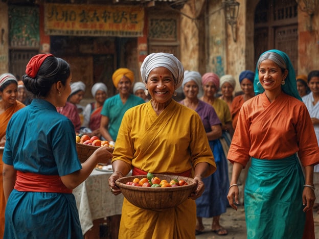 Auf dem Bild sind mehrere Frauen zu sehen, die fröhlich zusammenkommen, wahrscheinlich in einem Markt- oder Festivalsetting. Diese Szene spiegelt ein lebendiges kulturelles Erlebnis wider, das in vielen Teilen der Welt üblich ist, wo Gemeinschaftsveranstaltungen oft mit der Zubereitung oder dem Verkauf von Lebensmitteln verbunden sind.Die Frauen tragen traditionelle, farbenfrohe Kleidung und scheinen Obst in Körben zu transportieren, was auf eine wichtige Rolle der Gastronomie in der Gemeinschaft hinweist. Solche Szenen könnten Teil eines Festes oder eines Markttages sein, an dem regionale Produkte und kulinarische Spezialitäten präsentiert und geteilt werden. Solche Erlebnisse fördern nicht nur den sozialen Zusammenhalt, sondern sind auch eine Feier der lokalen Kultur und Gastronomie.