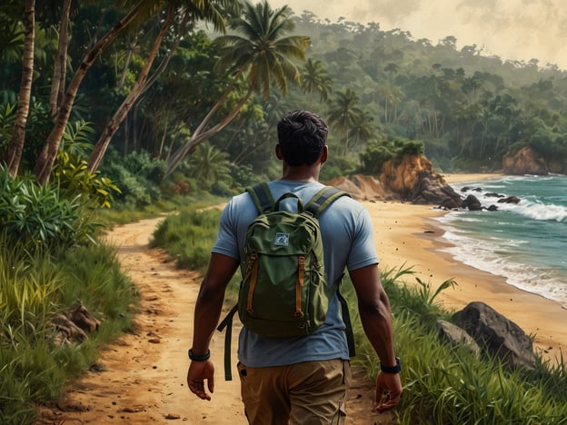 Auf dem Bild ist eine Person zu sehen, die auf einem malerischen Weg entlang eines Strandes wandert. Die Umgebung ist tropisch, mit Palmen und sanften Wellen im Hintergrund. Dies könnte der perfekte Ort für abenteuerlustige Aktivitäten sein, wie zum Beispiel:1. **Wanderungen** entlang malerischer Küstenpfade, um die Natur zu erkunden.2. **Schwimmen oder Schnorcheln** im klaren Wasser, um die Unterwasserwelt zu entdecken.3. **Kajakfahren** oder **Stand-Up-Paddleboarding** für ein aktives Erlebnis auf dem Wasser.4. **Camping** am Strand, um die Nacht unter dem Sternenhimmel zu verbringen.5. **Fotografie** von den beeindruckenden Landschaften und tierischen Bewohnern der Gegend.Solche Aktivitäten können ein unvergessliches Abenteuer in einer tropischen Kulisse bieten!