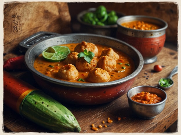 Auf dem Bild ist ein köstliches Gericht zu sehen, das in einer traditionellen Schüssel serviert wird. Es handelt sich um eine aromatische Soße, die möglicherweise aus einer Mischung von Gewürzen, Tomaten und Kokosnussmilch zubereitet wurde. Die kleinen Klöße, die in der Soße schwimmen, könnten aus verschiedenen Zutaten wie Kichererbsenmehl oder Kartoffeln gemacht sein, und sind mit frischen Kräutern und einem Spritzer Limette garniert.Auf dem Tisch liegen auch frische grüne Chilis, die für zusätzlichen Schärfe und Geschmack sorgen, sowie eine weitere Schüssel mit einer anderen Beilage, die wahrscheinlich aus Linsen oder einer ähnlichen Zutat besteht. Daneben liegt ein grüner Gemüse, das das Gericht perfekt ergänzt. Dies könnte eine interessante kulinarische Entdeckung für Liebhaber der würzigen und deftigen Küche sein!