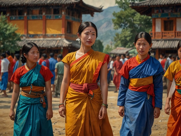 Auf dem Bild sind mehrere Frauen in traditionellen bhutanischen Kleidern zu sehen. Die Frauen tragen bunte Gewänder, die typisch für die Kultur Bhutans sind. Solche Kleider, bekannt als Kira für Frauen, sind oft aus lebendigen Stoffen gefertigt und reflektieren die reiche Farbenpracht der bhutanischen Traditionen.In Bhutan spielen Traditionen eine bedeutende Rolle im täglichen Leben. Feste und Feierlichkeiten sind oft von farbenfrohen Trachten geprägt. Die dargestellten Frauen könnten möglicherweise an einem kulturellen Fest oder einer Gemeinschaftsveranstaltung teilnehmen, bei der Musik, Tanz und lokale Bräuche im Mittelpunkt stehen. Die Ruhe und Faszination in ihren Gesichtern könnte das Gefühl der Zugehörigkeit und den Stolz auf ihre Kultur widerspiegeln.Diese Art von Kleidung und die sozialen Zusammenkünfte fördern das Gemeinschaftsgefühl und die Bewahrung der kulturellen Identität, die für Bhutan von großer Bedeutung ist.