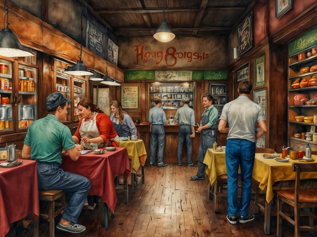 Auf dem Bild ist eine einladende kulinarische Szene zu sehen, die in einem traditionellen Restaurant oder einer Gaststätte spielt. Die rustikale Einrichtung mit Holzboden und Tischen, die mit farbigen Tischdecken gedeckt sind, vermittelt ein gemütliches Ambiente.
In der Mitte sind eine Frau und ein Mann beschäftigt, vielleicht beim Anrichten oder Servieren von Speisen. Im Hintergrund sind weitere Personen zu sehen, die an der Theke stehen oder miteinander interagieren. Die Wände sind mit Regalen voller Lebensmittelvorräte und Werbeschildern dekoriert, die auf das kulinarische Angebot hinweisen könnten.
Diese Szenerie lädt zu kulinarischen Entdeckungen ein, sei es durch das Probieren lokaler Spezialitäten oder das Entdecken traditioneller Rezepte, die in diesem lebhaften Umfeld zubereitet werden.