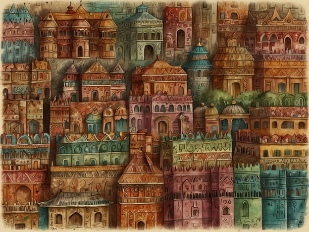 Auf dem Bild ist eine fantasievolle Darstellung einer Stadtlandschaft mit vielen kunstvoll gestalteten Gebäuden zu sehen. Diese architektonische Vielfalt könnte verschiedene kulturelle Einflüsse widerspiegeln, die in Regionen wie dem Nahen Osten oder Südasien zu finden sind.Die lebendigen Farben und belebten Formen erinnern an traditionelle Bauweisen, wie man sie in Städten wie Jaipur in Indien oder in Bagdad sieht, wo kunstvolle Details und farbenfrohe Elemente häufig zu finden sind. Zudem könnte die Gestaltung an historische Handelsrouten erinnern, die sich durch diese Regionen ziehen, und die kulturelle Vermischung, die dabei entstanden ist.Die unterschiedlichen Dachformen, wie Kuppeln und Zinnen, zeugen von einer Mischung aus verschiedenen Baustilen, was in einer multikulturellen Gesellschaft üblich ist. Diese Art der Darstellung könnte auch den Einfluss von Fantasy oder Märchen reflektieren, was das Bild zusätzlich mystisch macht und die Vorstellungskraft anregt.