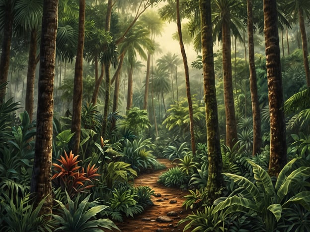 Auf dem Bild ist eine üppige, tropische Landschaft zu sehen, die durch hohe, schlanke Palmen und dichte Vegetation geprägt ist. Die Flora besteht aus verschiedenen grünen Pflanzen sowie exotischen Blüten, die orangefarbene und rote Farbtöne aufweisen.Die Lichtverhältnisse sind sanft, was eine mystische und ruhige Atmosphäre schafft. Solche dichten Wälder sind häufig in tropischen Regenwäldern anzutreffen, die eine reiche Fauna beherbergen, darunter zahlreiche Vögel, Insekten und möglicherweise auch Säugetiere. Der Weg, der durch die Landschaft führt, lädt dazu ein, diese vielfältige Natur zu erkunden.