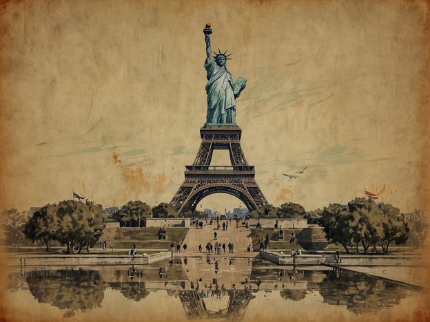 Auf dem Bild sind zwei ikonische Sehenswürdigkeiten angedeutet: die Statue von Libertas (die Freiheitsstatue) und der Eiffelturm. Beide Monumente sind bedeutende Symbole für Freiheit und französische Kultur. Die Freiheitsstatue steht in New York, während der Eiffelturm in Paris zu finden ist.Das Bild zeigt außerdem eine Wasserfläche, die die beiden Wahrzeichen reflektiert, und eine Umgebung mit Bäumen und Spaziergängern, was einen Eindruck von einer lebhaften und besonderen Atmosphäre vermittelt.