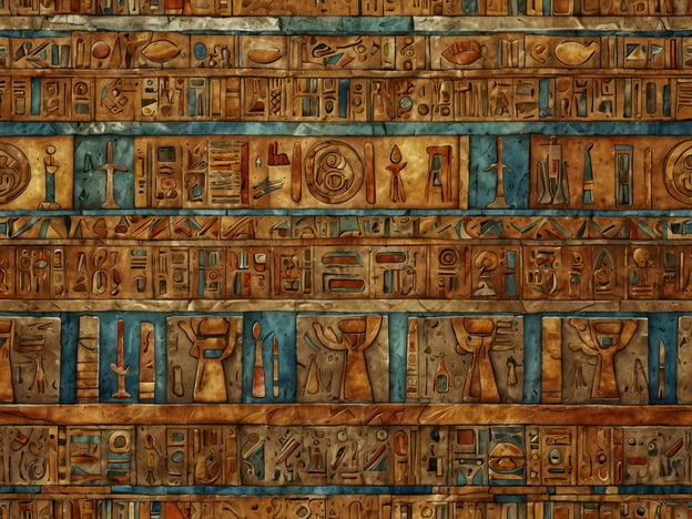 Das Bild zeigt eine stilisierte Darstellung von altägyptischen Hieroglyphen, die typischerweise auf Papyri, Tempelwänden oder Grabsteinen zu finden sind. Diese Zeichen sind die Schriftform des alten Ägypten und haben eine tiefe kulturelle und historische Bedeutung.Ein bedeutendes Artefakt, das mit Hieroglyphen in Verbindung steht, ist die Rosettastein. Dieser Stein, der 1799 entdeckt wurde, trägt eine Inschrift in drei Schriften: Hieroglyphen, Demotisch und Griechisch. Er war entscheidend für die Entschlüsselung der ägyptischen Schrift, da er es ermöglicht hat, die Hieroglyphen zu verstehen und zu übersetzen.Ein weiteres wichtiges Artefakt ist das Grab des Tutanchamun, das viele hieroglyphische Darstellungen enthält, die das Leben und die Bestattung des Pharaos beschreiben. Die Hieroglyphen auf diesen Artefakten erzählen Geschichten von Göttern, Königen und alltäglichen Aktivitäten und geben Einblicke in die religiösen Überzeugungen und die Gesellschaft des alten Ägyptens.Diese Schriftzeichen waren nicht nur eine Kommunikationsform, sondern auch ein Mittel zur Verewigung und zur Darstellung der Verbindung zwischen dem pharaohischen und dem göttlichen Reich.