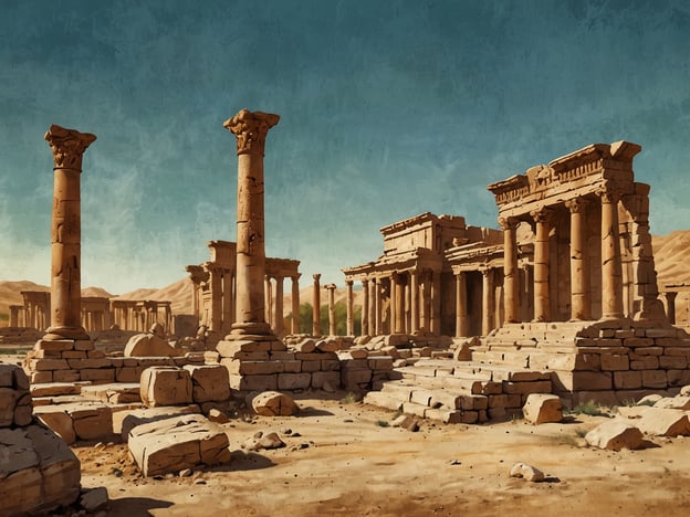 Das Bild zeigt eine antike Ruinenlandschaft, die wahrscheinlich an den berühmten Stätten in Syrien inspiriert ist, wie zum Beispiel Palmyra. Diese beeindruckenden Überreste zeugen von der einstigen Pracht und dem kulturellen Reichtum der Region.Syrien hat eine faszinierende antike Geschichte, geprägt von verschiedenen Zivilisationen, darunter die Ugariter, Assyrer und Römer. Besonders bemerkenswert sind die monumentalen Tempel, die oft beeindruckende Säulen und kunstvolle Skulpturen aufweisen. Palmyra, einst ein blühender Handelsplatz, war ein Knotenpunkt zwischen dem Westen und dem Osten und zeigte eine einzigartige Mischung aus architektonischen Stilen.Die erhaltenen Ruinen sind heute nicht nur ein Zeugnis der ehemaligen Baumeisterkunst, sondern auch ein wertvolles Erbe, das die kulturelle Vielfalt und den Einfluss dieser Region auf die Geschichte verdeutlicht.