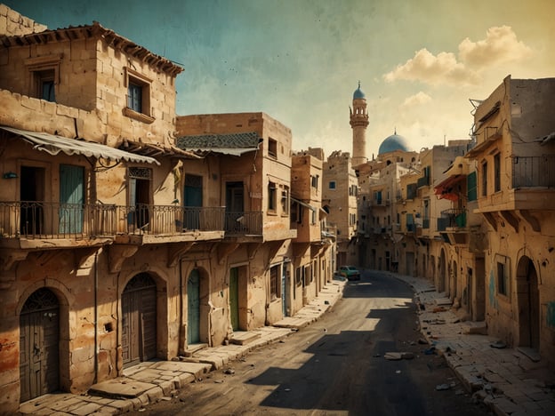 Auf dem Bild ist eine verlassene Straße in einer modernen Stadt Syriens zu sehen, die möglicherweise typisch für Städte wie Aleppo oder Homs ist. Die Architektur zeigt einen Einfluss traditioneller syrischer Baustile, gekennzeichnet durch die Verwendung von warmen Steinen und filigranen Balkonen.Die erhaltenen Minarett- und Kuppelstrukturen im Hintergrund deuten auf das reiche kulturelle Erbe und die religiöse Vielfalt der Region hin. Die Abwesenheit von Menschen und die Tristesse der Umgebung lassen auf die Auswirkungen des Konflikts in den letzten Jahren schließen, was in vielen historischen Städten Syriens zu beobachten ist. Der Übergang zwischen dem kulturellen Erbe und den gegenwärtigen Herausforderungen spiegelt eine komplexe Geschichte wider, die sowohl die Schönheit als auch die Verwundbarkeit dieser Städte umfasst.