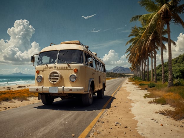 Auf dem Bild ist ein nostalgischer Bus auf einer malerischen Küstenstraße zu sehen, umgeben von Palmen und einem klaren Himmel. In der Zukunft wird der Trend zur Nutzung solcher klassischen Fahrzeuge weiterhin eine Herausforderung darstellen, da nachhaltige Mobilität an Bedeutung gewinnt. Es könnte eine Bewegung hin zu umweltfreundlicheren Alternativen geben, wie Elektrofahrzeugen oder moderneren Campern.Darüber hinaus wird das Bewusstsein für die Erhaltung solcher älteren Fahrzeuge zunehmen, was sowohl Chancen als auch Herausforderungen für Liebhaber und Sammler mit sich bringt. Die Erhaltung und Restaurierung könnte durch neue Technologien und Materialien unterstützt werden, während gleichzeitig die Bedürfnisse einer umweltbewussteren Gesellschaft berücksichtigt werden müssen.