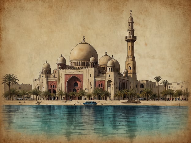Das Bild zeigt eine beeindruckende architektonische Struktur, die an ein traditionelles islamisches Gebäude erinnert, möglicherweise eine Moschee oder ein Palast. Charakteristisch sind die großen Kuppeln und der Minarett-Turm, die oft in der islamischen Architektur zu finden sind. Vor dem Gebäude erstreckt sich ein Gewässer, möglicherweise ein Meer oder ein Fluss, und es gibt Palmen, die die Szenerie beleben.Katar ist ein Land im Mittleren Osten, bekannt für seine moderne Architektur und reiche Kultur. Die Hauptstadt Doha beherbergt viele beeindruckende Bauwerke, die sowohl traditionelle als auch zeitgenössische Stile vereinen. Die Kombination aus traditioneller islamischer Architektur und modernen Elementen macht Katar zu einem faszinierenden Reiseziel.