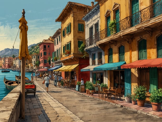 Das Bild zeigt eine malerische Uferpromenade in einer Küstenstadt. Man sieht bunte Gebäude in verschiedenen Farben, die typisch für mediterrane Architektur sind. Die Straße ist gesäumt von Tischen und Stühlen, die zum Verweilen einladen, und im Hintergrund sind Boote auf dem Wasser zu erkennen. Die Umgebung scheint lebhaft zu sein, mit mehreren Personen, die spazieren gehen oder im Freien sitzen.Einführung in Bahrain: Bahrain ist ein Archipel im Persischen Golf, bekannt für seine reiche Geschichte, Kultur und Architektur, die Einflüsse aus verschiedenen Epochen und Regionen vereinen. Die beeindruckende Landschaft und die warmen Farben der Gebäude in Städten wie Manama ziehen viele Touristen an.