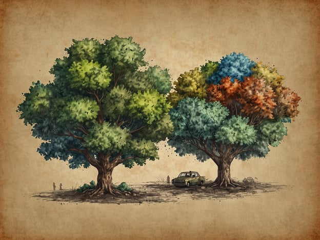 Auf dem Bild sind zwei große Bäume zu sehen, die unterschiedliche Farben und eine unterschiedliche Struktur aufweisen. Die linke Seite zeigt einen Baum mit grünen Blättern, während der rechte Baum bunte, herbstliche Farben hat, was einen deutlichen Kontrast symbolisiert.Die Darstellung könnte verschiedene Aspekte von Wirtschaft und Entwicklung ansprechen. Der grüne Baum könnte für Wachstum und nachhaltige Entwicklung stehen, während der bunte Baum auf Wandel, Herausforderungen oder die Diversität der Wirtschaft hinweisen könnte. Die beiden Bäume repräsentieren möglicherweise unterschiedliche Entwicklungsansätze oder Zustände einer Region – eine florierende, gesunde Wirtschaft im Vergleich zu einer, die bereits diversifiziert oder in einem Transformationsprozess ist.Zusätzlich deutet das im Hintergrund sichtbare Auto darauf hin, dass Verkehr und Mobilität relevante Themen für die wirtschaftliche Entwicklung sind. Die Figuren, die sich zwischen den Bäumen bewegen, könnten darauf hinweisen, dass Menschen eine wesentliche Rolle in diesem Entwicklungsprozess spielen.