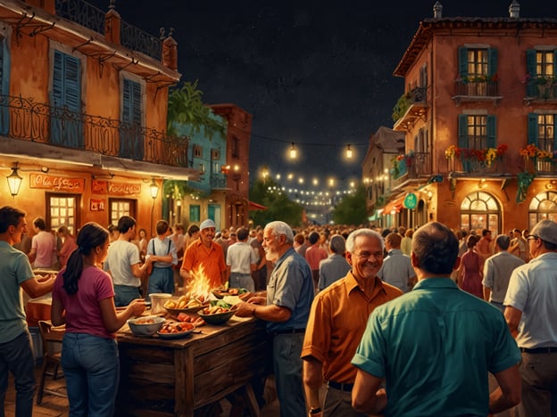 Auf dem Bild ist eine lebhafte Straßenfeier zu sehen, die typisch für viele mediterrane oder lateinamerikanische Kulturen ist. Solche Feste sind oft geprägt von Gemeinschaftsgeist, köstlichem Essen und Musik, die die Atmosphäre warm und einladend machen.Die Menschen scheinen an einem großen Tisch oder einem Marktstand zu feiern, wo verschiedene Speisen angeboten werden. Grillen, wie es hier dargestellt ist, spielt in vielen Kulturen eine zentrale Rolle, oft als Zeichen von Geselligkeit und Tradition. In mediterranen Ländern zum Beispiel sind Grillfeste, die „Asados“ oder „Barbecues“, ein wichtiger Teil des sozialen Lebens.Es gibt auch eine Vielzahl von Menschen unterschiedlichen Alters, was zeigt, dass solche Feiern oft generationsübergreifend sind. Die bunten Häuser und die Lichterketten schaffen eine festliche Stimmung, die das Gemeinschaftsgefühl unterstreicht. Solche Feste fördern die sozialen Bindungen, ermöglichen den Austausch von Geschichten und Traditionen und stärken das kulturelle Erbe der Gemeinschaft.Zusammenfassend zeigt das Bild eine fröhliche Feier, die nicht nur die Kulinarik zelebriert, sondern auch die Gemeinschaft und die kulturellen Traditionen, die solche Zusammenkünfte prägen.