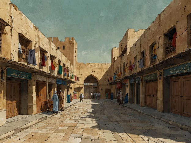 Auf dem Bild ist eine historische, architektonisch ansprechende Gasse zu sehen, die in einem traditionellen Markt oder Souk lokalisiert sein könnte. Die Gebäude sind aus hellem Stein gebaut und zeigen typische Merkmale der traditionellen Architektur. Wäsche hängt über der Straße, was eine lebendige Atmosphäre schafft.Touristische Highlights in einem solchen Umfeld könnten umfassen:1. **Traditionelle Märkte (Souks)**: Hier bieten lokale Händler Waren wie Gewürze, Textilien und Handwerkskunst an.2. **Kulturhistorische Stätten**: Die Architektur spiegelt die Geschichte und Kultur der Region wider und könnte Sehenswürdigkeiten wie alte Festungen oder Moscheen in der Nähe haben.3. **Essen**: In den Gassen könnten lokale Essensstände und Restaurants zu finden sein, die traditionelle Gerichte anbieten.4. **Kunsthandwerk**: Möglichkeiten, handgefertigte Souvenirs zu kaufen, die die Kultur der Region repräsentieren.Diese Umgebung vermittelt ein Gefühl für die lokale Kultur und Geschichte und lädt zum Erkunden ein.
