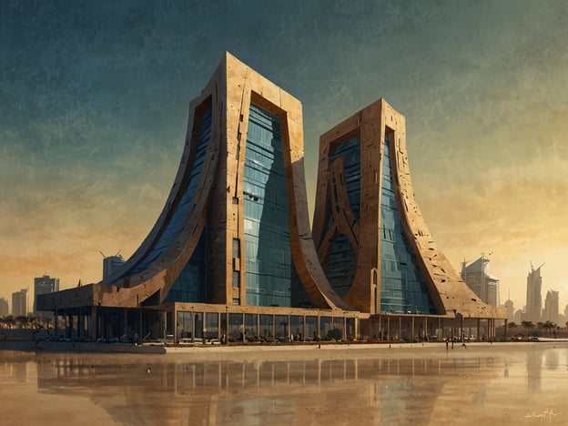 Auf dem Bild sind moderne Gebäude zu sehen, die durch ihre markante, gewellte Architektur auffallen. Diese futuristischen Strukturen sind ein beispielhaftes Beispiel für die zeitgenössische Architektur Kuwaits.Kuwait hat in den letzten Jahrzehnten immense Fortschritte in der Architektur gemacht, wobei innovative Designs und moderne Materialien verwendet werden, um sowohl Funktionalität als auch ästhetische Ansprüche zu erfüllen. Die Stadt entwickelt sich kontinuierlich weiter, um den Anforderungen einer wachsenden Bevölkerung gerecht zu werden, während gleichzeitig traditionelle kulturelle Elemente in den neuen Bauwerken bewahrt werden.Die abgebildeten Gebäude könnten typische Merkmale der modernen Architektur in Kuwait zeigen, wie den Einsatz von Glas und Beton sowie dynamische Formen, die oft die fortschrittliche und zukunftsorientierte Vision des Landes widerspiegeln.