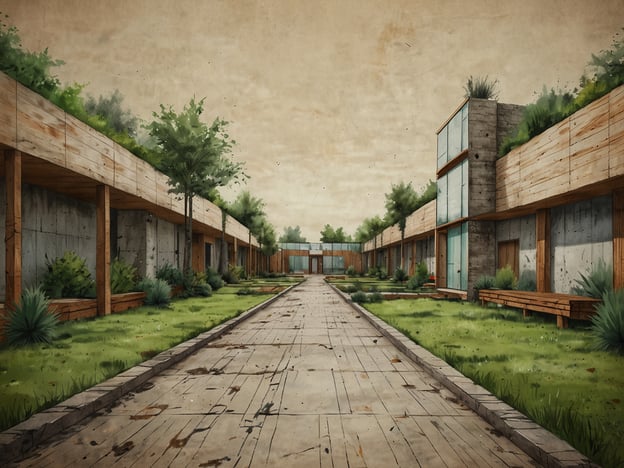 Auf dem Bild ist eine modern gestaltete Umgebung mit Gebäuden zu sehen, die verschiedene Materialien wie Holz und Beton kombinieren. Die Architektur scheint ökologisch orientiert zu sein, mit viel Grün, das in die Gestaltung integriert ist. Es gibt Bäume, Sträucher und Rasenflächen, die zur Verbesserung des Mikroklimas beitragen könnten.In Kuwait könnte eine solche ökologische Architektur darauf abzielen, energieeffiziente und nachhaltige Lebensräume zu schaffen, die klimatische Bedingungen berücksichtigen. Die Nutzung von Pflanzen, um für Schatten zu sorgen und die Luftqualität zu verbessern, ist besonders wichtig in einem heißen Wüstenklima. Diese Art von Gestaltung fördert ein harmonisches Zusammenleben von Natur und Bauwerk und unterstützt die Prinzipien der ökologischen Architektur.