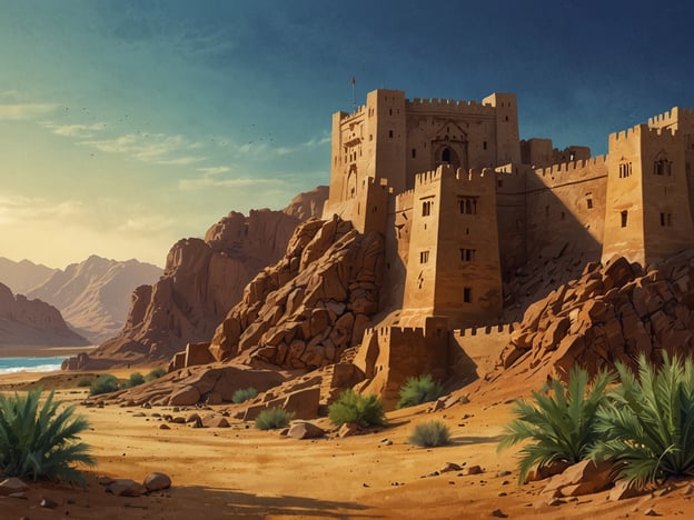 Das Bild zeigt eine beeindruckende Burglandschaft, die in eine malerische Wüsten- und Berglandschaft eingebettet ist. Die Architektur erinnert an die traditionellen Burgen im Oman, die oft aus lokalem Stein erbaut und strategisch an erhobenen Orten platziert sind, um einen weiten Blick über die Umgebung zu ermöglichen.Der Oman ist ein Land im Südosten der Arabischen Halbinsel, bekannt für seine reiche Geschichte, kulturelle Vielfalt und atemberaubende Landschaften, die von Wüsten bis zu atlantischen Küsten reichen. Die omanische Architektur ist geprägt von fortifizierten Städten und attraktiven Palästen, die die historische Bedeutung des Landes widerspiegeln. Die Szenerie zeigt die Harmonie zwischen der natürlichen Umgebung und den menschlichen Bauwerken, was typisch für die Kultur und Geschichte des Omans ist.