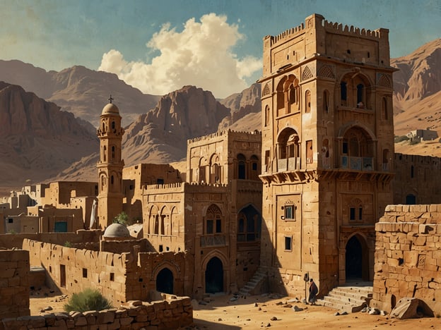 Das Bild zeigt eine beeindruckende historische Architektur, die typisch für den Jemen ist. Man sieht niedrige, sandsteinfarbene Gebäude mit charakteristischen Türmen und Bögen, umgeben von einer malerischen Berglandschaft. Die Architektur spiegelt den traditionellen Stil des Landes wider, der in mehreren Städten wie Sana'a und Shibam zu finden ist. Die Gebäude sind oft aus Lehmziegeln gefertigt und zeichnen sich durch filigrane Verzierungen aus. Die Szenerie vermittelt ein Gefühl von Geschichte und kulturellem Erbe, das für die Region so prägend ist.