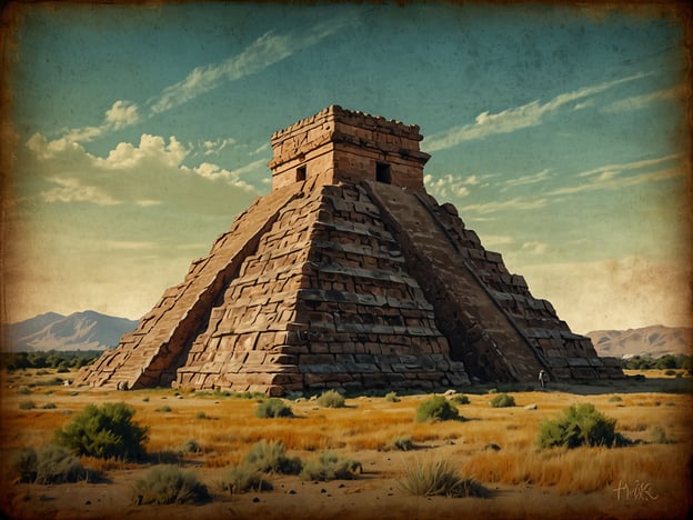 Auf dem Bild ist eine imposante Pyramide oder Tempelanlage in einer weitläufigen, trockenen Landschaft zu sehen. Diese Struktur deutet auf die Baukunst früherer Zivilisationen hin, möglicherweise inspiriert von mesoamerikanischen Stilen.Die Geschichte Israels ist reich an kulturellen und religiösen Einflüssen. Geprägt von den antiken Zivilisationen der Region, erfahren wir von den verschiedenen Herrschern und deren Einfluss auf den Glauben und die Lebensweise der Menschen. Die Pyramiden und Tempel aus der Antike, ähnlich wie die dargestellte Struktur, symbolisieren oft den Glauben an höhere Mächte und die Verbindung der Menschen mit dem Göttlichen.Obwohl dieser Bau nicht unbedingt ein israelisches Relikt ist, kann man den Einfluss der damaligen Architektur verstehen, wenn man sich die religiösen Praktiken und die Baukunst im antiken Israel ansieht. Tempel spielten eine zentrale Rolle, insbesondere der Tempel in Jerusalem, der als heiliger Ort für das Judentum galt.