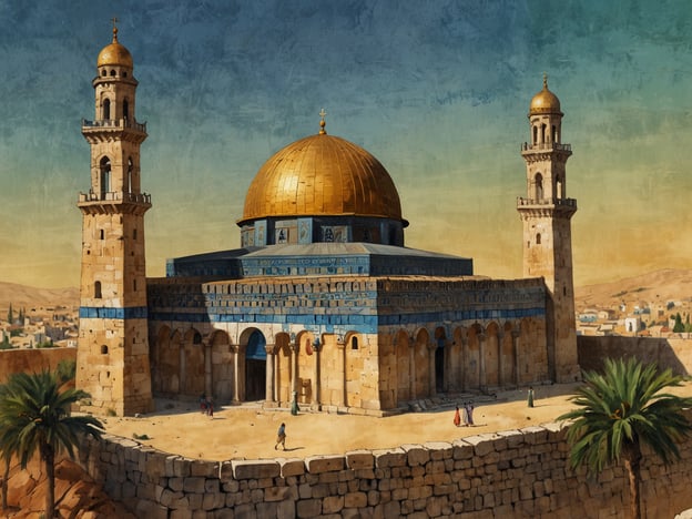 Auf dem Bild ist eine Darstellung des Felsendoms (Qubbat as-Sakhrah) in Jerusalem zu sehen. Dieser Ort hat sowohl im Islam als auch im Judentum eine große religiöse Bedeutung.Für Muslime ist der Felsendom ein wichtiger Ort, da er als der Ort gilt, von dem der Prophet Mohammed in den Himmel aufstieg. Dies macht ihn zu einem der heiligsten Stätten im Islam.Für Juden ist die Stätte ebenfalls bedeutend, da sie sich über dem Fundament des ehemaligen jüdischen Tempels erhebt, der als der heiligste Ort im Judentum betrachtet wird. Der Tempelberg, auf dem sich der Felsendom befindet, ist ein zentrales Symbol in der jüdischen Religion und Geschichte.Insgesamt ist der Felsendom ein ikonisches Symbol des religiösen Erbes und der kulturellen Identität für die Menschen, die sowohl im Islam als auch im Judentum verehrt werden.