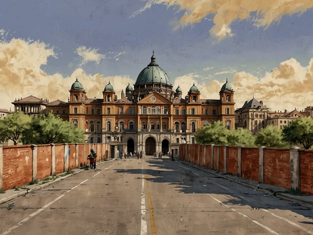 Auf dem Bild ist ein großes, beeindruckendes Gebäude mit einer markanten Kuppel und mehreren Türmen zu sehen. Es hat eine historische Architektur mit orangenen und grünen Farbtönen, umgeben von Bäumen und einer Mauer. Menschen sind auf der Straße zu sehen, die in Richtung des Eingangs des Gebäudes schlendern.In Bezug auf die moderne israelische Gesellschaft könnte man sagen, dass solche Gebäude oft ein Symbol für kulturelles Erbe und Gemeinschaftsleben sind. Architektur spielt eine wichtige Rolle in der Identität und der Geschichte einer Gesellschaft, und viele Städte in Israel kombinieren historische Stile mit modernen Elementen. Dies spiegelt sich in der vielfältigen urbanen Landschaft wider, die viele Kulturen und Epochen umfasst.