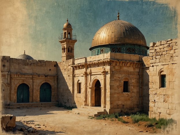 Auf dem Bild ist eine historische Architektur zu sehen, die möglicherweise zu einem religiösen oder kulturellen Bauwerk in Palästina gehört. Die markante Kuppel und der Minarett deuten darauf hin, dass es sich um ein islamisches Gebäude handelt, möglicherweise eine Moschee oder eine Grabstätte.Die Geschichte Palästinas ist reich und vielfältig. Die Region hat über Jahrtausende hinweg verschiedene Herrschaften und Kulturen erlebt, von den alten Kanaanäern über die Römer bis hin zu den Osmanen. Insbesondere nach der islamischen Eroberung im 7. Jahrhundert spielte Palästina eine zentrale Rolle im Islam. Viele bedeutende religiöse Stätten, wie der Felsendom in Jerusalem, sind dort zu finden und zeugen von dieser tiefen historischen und kulturellen Verankerung. Solche Bauwerke spiegeln die architektonische Vielfalt und den kulturellen Reichtum wider, der das Gebiet prägt.