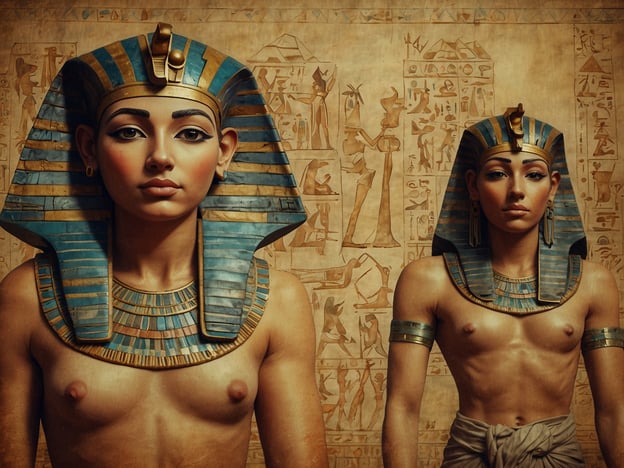 Das Bild zeigt zwei Figuren, die in ägyptischer Kleidung mit Pharaonentiteln und traditionellen Schmuckstücken dargestellt sind. Hinter ihnen sind Hieroglyphen und ägyptische Motive zu sehen, die für die alte Kultur Ägyptens typisch sind.In der ägyptischen Mythologie spielen Pharaonen eine zentrale Rolle, da sie als göttliche Herrscher galten, die als Vermittler zwischen den Göttern und den Menschen fungierten. Ihre Darstellungen in Kunst und Architektur bezeugen den Glauben an ein Leben nach dem Tod und die Wichtigkeit der Götterverehrung.Heute finden wir viele Spuren der ägyptischen Mythologie in verschiedenen Bereichen wie Literatur, Film und Popkultur. Symbole wie das Ankh oder die Pyramiden inspirieren weiterhin Künstler und Geschichtenerzähler. Ägyptische Mythologie beeinflusst auch moderne Erzählungen, Spiele und Kunst, wodurch sie einen bleibenden Einfluss auf die zeitgenössische Kultur hat.