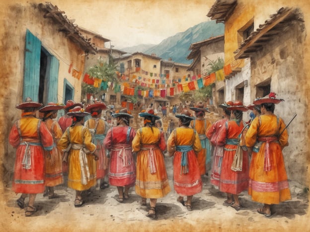 Eine Gruppe von Menschen in traditionellen farbenfrohen Kostümen schreitet durch eine malerische Gasse in Panchimalco. Die Frauen tragen aufwendige Hüte und Schärpen, während die Häuser mit bunten Fahnen geschmückt sind. Die Umgebung zeigt eine lebendige, kulturelle Atmosphäre, die auf religiöse Feste hinweist. Im Hintergrund sind weitere Menschen und Häuser sichtbar, die zur festlichen Stimmung beitragen.