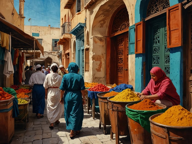 Auf dem Bild ist eine lebendige Szene aus einem traditionellen Markt in Tunesien zu sehen. Die engen Gassen sind gesäumt von bunten Ständen, die frisches Obst und Gewürze anbieten. Die Händler und Käufer tragen typisch tunesische Kleidung, was die kulturelle Identität widerspiegelt. Insbesondere die Frau in der pinken Hijab, die konzentriert mit den Gewürzen beschäftigt ist, zeigt die Rolle der Frauen im Handel und in der Kultur.Die Marktatmosphäre ist ein wichtiger Bestandteil des sozialen Lebens in Tunesien, wo man nicht nur Waren, sondern auch Neuigkeiten und Traditionen austauscht. Diese Märkte sind Orte, an denen das reiche kulinarische Erbe Tunesiens, wie die Verwendung von Gewürzen wie Kreuzkümmel und Paprika, besonders zur Geltung kommt. Die bunten Fassaden der Gebäude und die offenen Fenster zeigen die typische Architektur, die sowohl arabische als auch mediterrane Einflüsse vereint.