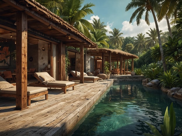 Auf dem Bild ist eine tropische Villa oder ein Ferienhaus zu sehen, umgeben von Palmen und üppiger Vegetation. Der Außenbereich besteht aus einer Holzterrasse mit Liegen, die an einem Pool grenzen.Moderne Entwicklungen in der Architektur zeigen sich in der Verwendung nachhaltiger Materialien und der Integration von Natur ins Design. Diese Art von Lebensstil wird zunehmend beliebter, da viele Menschen nach Rückzugsorten suchen, die Komfort und Naturverbundenheit vereinen.Jedoch bringt diese Entwicklung auch Herausforderungen mit sich, wie etwa die Gefahr der Überentwicklung touristischer Gebiete und die Notwendigkeit, ökologische Fußabdrücke zu minimieren. Nachhaltiger Tourismus ist daher ein zentrales Thema, um die Balance zwischen Erholungsbedarf und Naturschutz zu wahren.