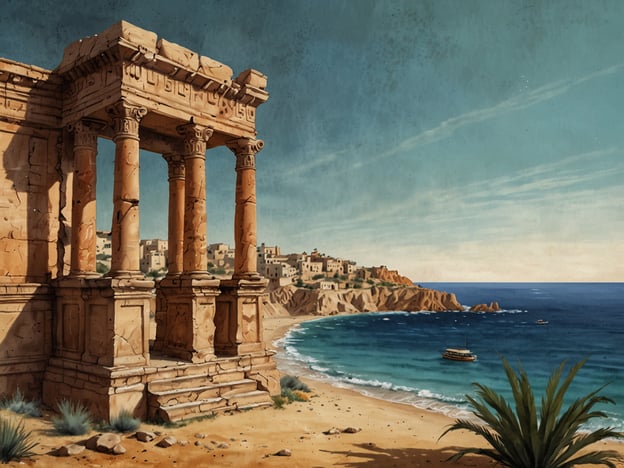 Auf dem Bild sind beeindruckende Ruinen antiker Säulen zu sehen, die an einem schönen Strand liegen. Im Hintergrund erkennt man eine Küstenstadt, die in die Hügel eingebettet ist. Die Landschaft wird von einem klaren blauen Himmel und sanften Wellen geprägt.Libyen ist bekannt für seine reichhaltige Geschichte und archäologische Stätten, die Touristen anziehen. Orte wie die Ruinen der antiken Stadt Sabratha, die zu den UNESCO-Weltkulturerben zählen, bieten faszinierende Einblicke in die römische Architektur und Geschichte. An der Küste können Besucher die beeindruckenden Landschaften genießen und gleichzeitig die Überreste vergangener Zivilisationen erkunden. Solche einzigartigen Kombinationen machen Libyen zu einem interessanten Ziel für Geschichts- und Kulturliebhaber.
