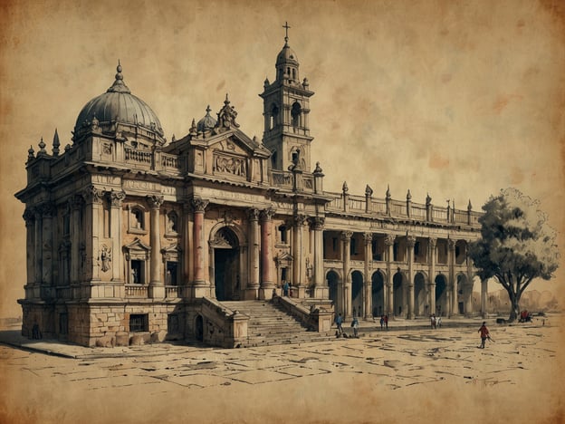 Auf dem Bild ist ein beeindruckendes Gebäude zu sehen, das architektonisch viele kulturelle Einflüsse vereint. Die Fassade ist reich verziert mit Säulen, Statuen und einem Kuppeldach, das an historische sakrale Architektur erinnert. Die Verwendung von Rosenstein und die monumentalen Treppen deuten darauf hin, dass es sich möglicherweise um ein bedeutendes religiöses oder gouvernementales Gebäude handelt, das in einer klassischen oder neoklassizistischen Stilrichtung erbaut wurde.Diese Art von Bauwerken spiegelt oft die Geschichte und Kultur einer Region wider, in der Religion, Macht und Kunst eng miteinander verbunden sind. Die abgebildete Szene, die Menschen und Bäume in der Umgebung zeigt, vermittelt ein Gefühl von Lebendigkeit und Gemeinschaft, wodurch die Bedeutung des Ortes weiter betont wird. Solche Gebäude sind oft ein wichtiger Teil des kulturellen Erbes einer Stadt oder Nation und ziehen häufig Touristen an, die sich für Geschichte und Architektur interessieren.
