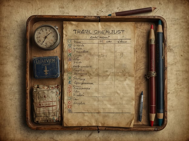 Auf dem Bild ist eine reizvolle Anordnung von Reiseutensilien zu sehen. Es zeigt eine alte Schreibtafel mit einer Checkliste für Reisen, umgeben von einem Kompass, farbigen Buntstiften und möglicherweise einem kleinen Heft oder Karten. Hier sind einige praktische Tipps für Reisende:1. **Packliste erstellen**: Nutze Checklisten wie die auf dem Bild, um sicherzustellen, dass du nichts Vergessenes mitnimmst. Schreibe alles auf, was du benötigst – von Kleidung bis zu Toilettenartikeln.2. **Lokalisation**: Halte eine Karte oder ein Navigationsgerät bereit, besonders in Gegenden, wo das WLAN schwach ist.3. **Flexible Zeitplanung**: Plane genug Zeit für unerwartete Ereignisse ein, die beim Reisen passieren können, wie Verspätungen oder Spontankäufe.4. **Notizen machen**: Nutze den Platz auf deiner Liste, um wichtige Informationen, Kontakte oder Eindrücke von deinem Trip festzuhalten.5. **Farben verwenden**: Markiere verschiedene Kategorien in deiner Liste mit Farben, um die Übersichtlichkeit zu erhöhen – das kann helfen, schnell die wichtigen Punkte zu finden.6. **Uhren und Zeitkenntnis**: Informiere dich über die Zeitzonen, die du besuchst. Ein Kompass ist auch eine gute Idee für Outdoor-Aktivitäten.Indem du diese Tipps befolgst, wird deine Reise wird sicherer und angenehmer!