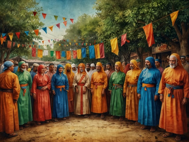 Auf dem Bild sind mehrere Menschen in bunten, traditionellen Gewändern zu sehen, die zusammen in einem festlichen Umfeld stehen. Die Atmosphäre wird durch die bunten Fahnen, die über die Szene gespannt sind, lebendig und freundlich gestaltet.Die Darstellung könnte auf eine kulturelle Feier oder ein traditionelles Fest hinweisen, das wichtige soziale oder religiöse Aspekte der Gemeinschaft widerspiegelt. Solche Anlässe sind häufig von tiefen Traditionen geprägt, die Gemeinschaftsgeist, Brauchtum und eine Verbindung zu den Vorfahren stärken. Die Vielfalt der Farben und die Zusammenkunft der Menschen zeigen die faszinierenden Kulturen und Traditionen, die reich an Symbolik und Bedeutung sind.