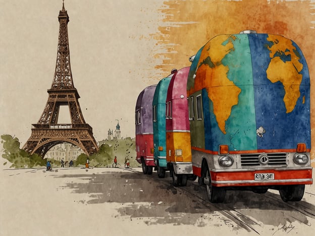Auf dem Bild sind drei bunte Fahrzeuge zu sehen, die mit einer Weltkarte dekoriert sind, vor dem berühmten Eiffelturm in Paris. Die Szene vermittelt ein Gefühl von Abenteuer und Mobilität, möglicherweise im Kontext von Reisen oder Entdeckungen.**Herausforderungen:**1. **Verkehrssicherheit:** Die Fahrzeuge könnten in einer belebten Stadt wie Paris Schwierigkeiten haben, sicher zu navigieren.2. **Umwelteinflüsse:** Bunte Fahrzeuge können möglicherweise weniger umweltfreundlich sein, je nach Art des Antriebs.3. **Kulturelle Sensibilität:** Bei einem internationalen Symbol wie dem Eiffelturm ist es wichtig, kulturelle Darstellungen respektvoll zu gestalten.**Schutzmaßnahmen:**1. **Sicherheitsvorkehrungen:** Verwendung von modernen Technologien (z. B. GPS, Sicherheitskameras) zur Verbesserung der Sicherheit im Straßenverkehr.2. **Nachhaltige Praktiken:** Förderung von umweltfreundlichen Fahrzeugen, wie Elektroautos oder Hybridmodellen.3. **Interkulturelle Schulungen:** Sensibilisierung der Fahrer und Reisenden für die lokalen Gepflogenheiten und die Kultur, um respektvolle Interaktionen zu fördern.