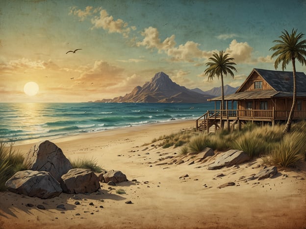 Auf dem Bild ist eine malerische Küstenlandschaft zu sehen. Die Sonne geht über dem Meer auf und taucht den Himmel in warme Farben. Die Wellen rollen sanft an den Strand, wo man entspannende Spaziergänge unternehmen könnte. In der Nähe stehen einige Felsen, die ideal für Erkundungstouren sind.Das Holzhaus auf der Düne lädt ein, sich zurückzulehnen und den Ausblick zu genießen. Aktivitäten wie Schwimmen, Surfen oder Sandburgen bauen bieten sich am Traumstrand an. Die umgebenden Palmen und die Landschaft versprechen ein Abenteuer in der Natur und Entspannung gleichermaßen.