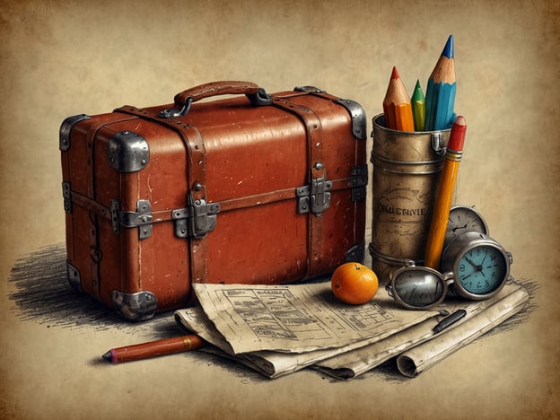 Auf dem Bild sind verschiedene Gegenstände zu sehen, die einen nostalgischen Reisekontext vermitteln. Es gibt einen alten Koffer, einige Schreibutensilien wie Buntstifte und einen Stift, einige Pläne oder Skizzen, eine Armbanduhr und eine Orange.### Praktische Tipps für deinen Besuch:1. **Vorbereitung der Reise**: Packe deinen Koffer gut – denke an alle notwendigen Dinge und vergiss nicht Dokumente, falls du ins Ausland reist.2. **Schreibutensilien**: Nimm Notizheft und Stifte mit, um deine Erlebnisse oder Gedanken festzuhalten.3. **Snacks**: Eine Orange oder andere gesunde Snacks können während längerer Reisen erfrischend wirken.4. **Uhr mitnehmen**: Eine Uhr hilft, die Zeit im Blick zu behalten, besonders wenn du verschiedene Zeitzonen besuchst.5. **Planung**: Mache vorher einen Plan, was du sehen und erleben möchtest, um das Beste aus deiner Reise herauszuholen.Genieße deinen Besuch!