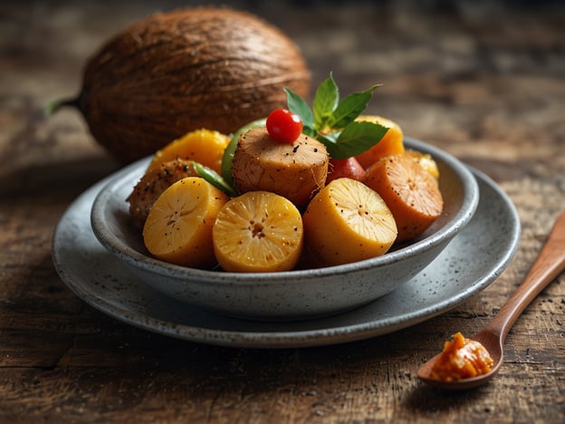 Auf dem Bild ist eine ansprechend angerichtete Obstschale zu sehen, die frische und exotische Früchte bietet. Die Seychellen sind bekannt für ihre kulinarischen Highlights, darunter:1. **Kokosnüsse**: Sie sind nicht nur eine wichtige Zutat in vielen Gerichten, sondern auch eine erfrischende Snacks.2. **Tropische Früchte**: Früchte wie Papaya, Ananas und Mangos bringen süße Aromen und sind häufig Bestandteil von Salaten oder Desserts.3. **Zitronen**: Sie verleihen Gerichten Frische und sind oft in der lokalen Küche zu finden.4. **Gewürze**: Die Verwendung von Pfeffer und anderen Gewürzen ist typisch für die Seychellen und verleiht den Speisen eine besondere Note.Diese Kombination aus frischen Zutaten und Gewürzen zeigt die Vielfalt und den Reichtum der seychelloisischen Küche.
