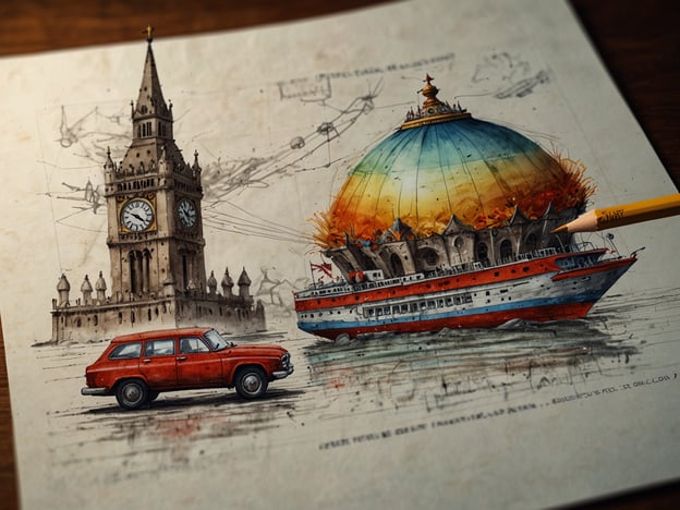 Auf dem Bild ist eine künstlerische Illustration zu sehen. In der Mitte steht ein rotes Auto, das neben einem markanten, historischen Gebäude mit einer auffälligen Uhr, das an den Elizabeth Tower in London erinnert, positioniert ist. Hinter dem Gebäude ist eine bunte, gewölbte Struktur zu sehen, die an eine Art Schiff oder ein Gebäude erinnert, das möglicherweise an einem Hafen liegt. Die Darstellung kombiniert verschiedene architektonische und technische Elemente in einem fantasievollen Stil.Diese Art von Kunstwerk könnte interessante Themen wie die Verbindung zwischen Tradition und Moderne oder die Verschmelzung verschiedener kultureller Symbole widerspiegeln. Wenn du Interesse an Kunst und Design hast, könnte dies ein spannendes Beispiel für die Kreativität von Illustratoren sein.